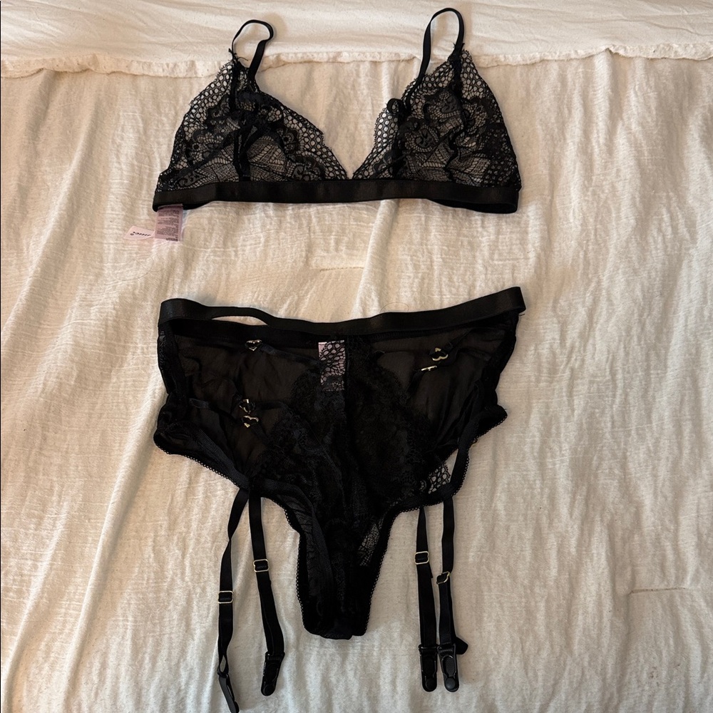 Victoria's Secret Black Lace Bra and Garter Set